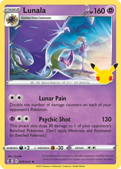 Lunala Pokemon card from Celebrations, card number 15
