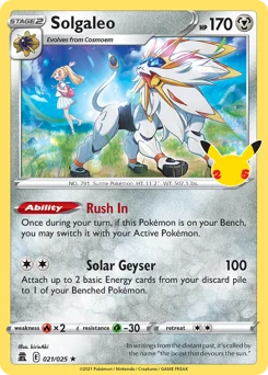 Solgaleo Pokemon card from Celebrations, card number 21