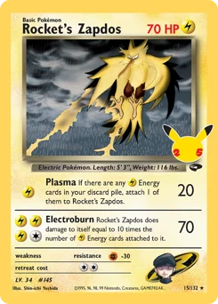 Rocket's Zapdos Pokemon card from Celebrations: Classic Collection, card number 15