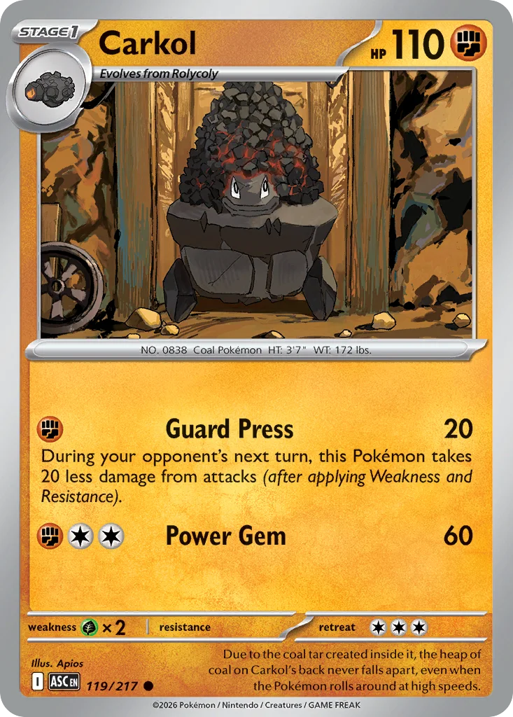 Carkol Pokemon card from Ascended Heroes, card number 119