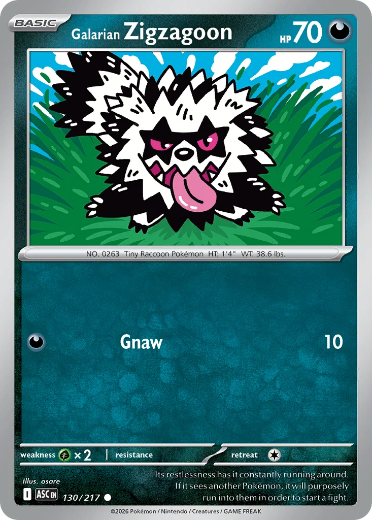 Galarian Zigzagoon Pokemon card from Ascended Heroes, card number 130