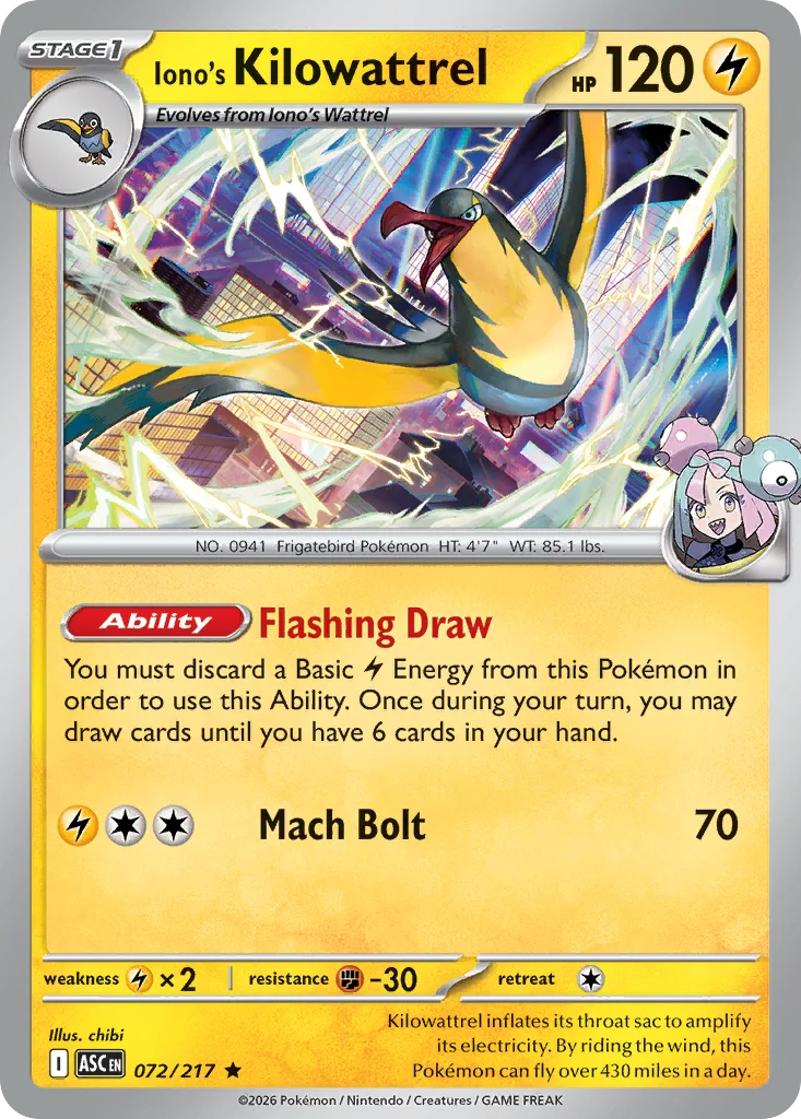 Iono's Kilowattrel Pokemon card from Ascended Heroes, card number 72