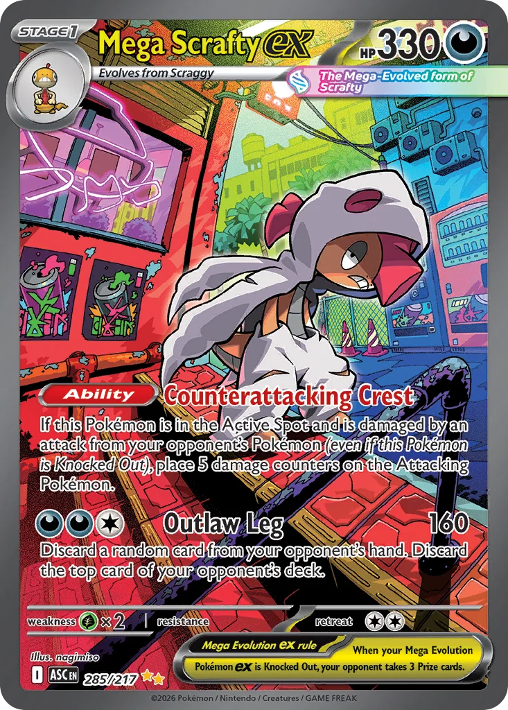 Mega Scrafty ex Pokemon card from Ascended Heroes, card number 285