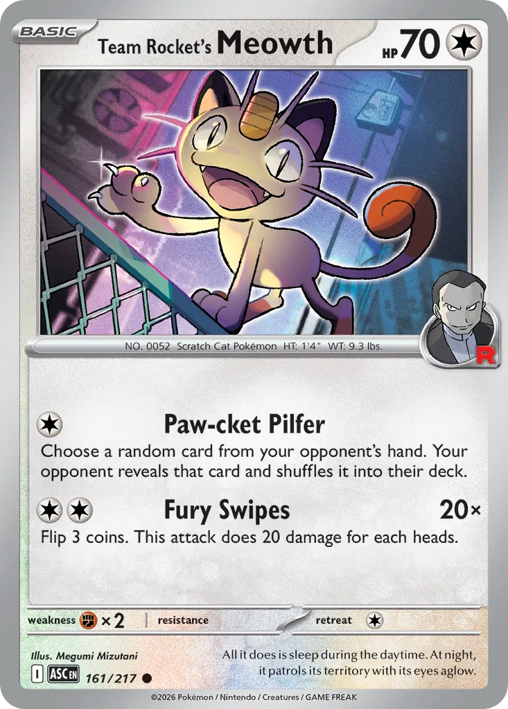 Team Rocket's Meowth Pokemon card from Ascended Heroes, card number 161