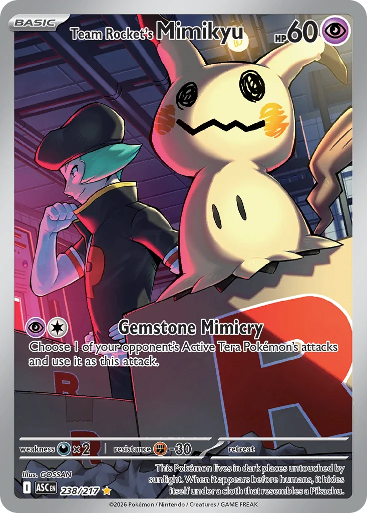 Team Rocket's Mimikyu Pokemon card from Ascended Heroes, card number 238