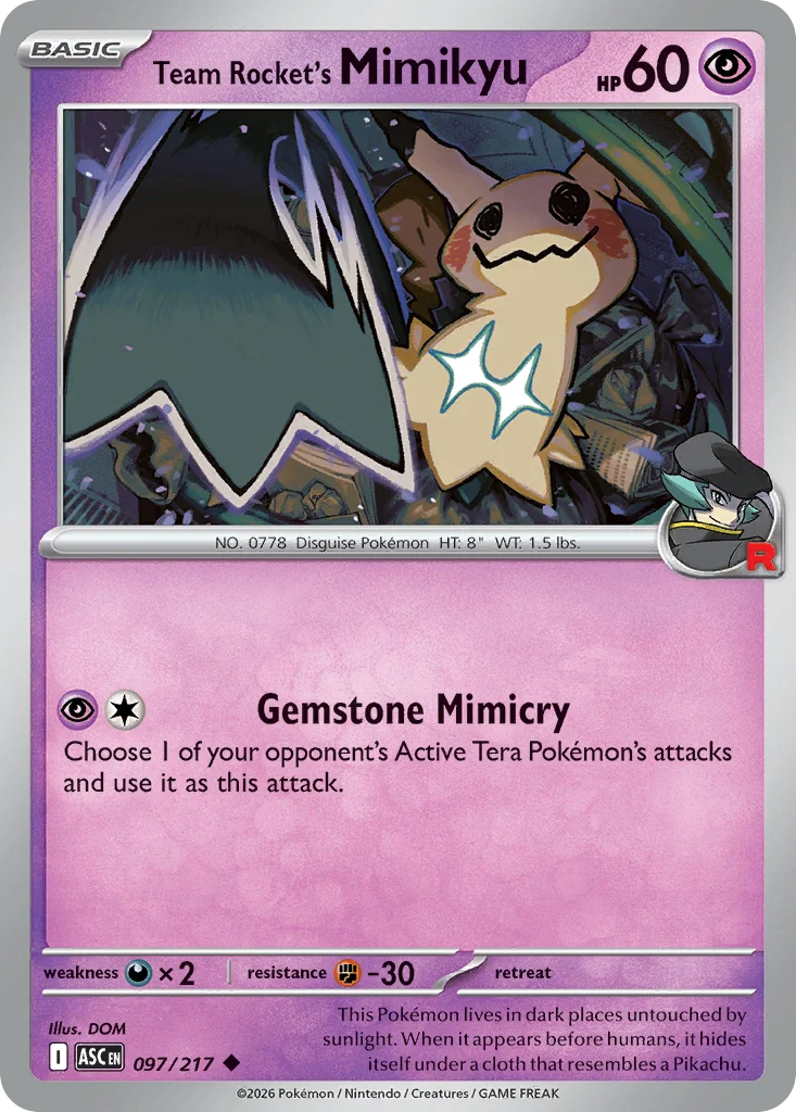 Team Rocket's Mimikyu Pokemon card from Ascended Heroes, card number 97