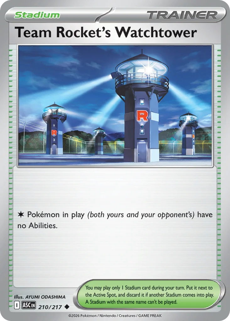 Team Rocket's Watchtower Pokemon card from Ascended Heroes, card number 210