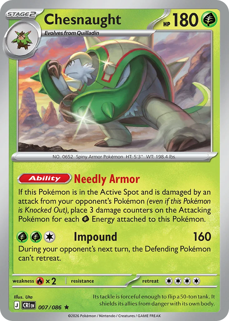 Chesnaught Pokemon card from Chaos Rising, card number 7