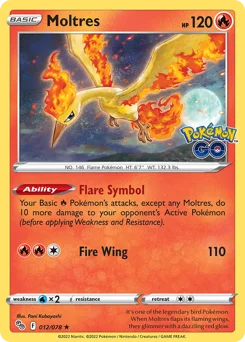 Moltres Pokemon card from Pokémon GO, card number 12