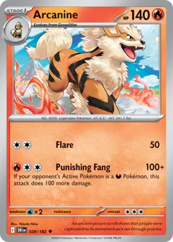 Arcanine Pokemon card from Destined Rivals, card number 28