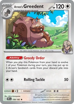 Arven's Greedent Pokemon card from Destined Rivals, card number 159