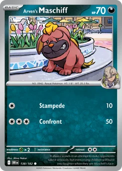 Arven's Maschiff Pokemon card from Destined Rivals, card number 138