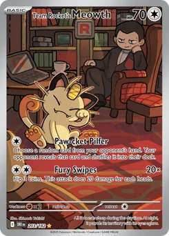 Team Rocket's Meowth Pokemon card from Destined Rivals, card number 203