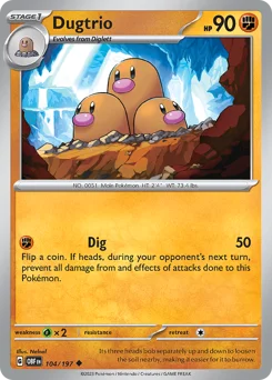 Dugtrio Pokemon card from Obsidian Flames, card number 104