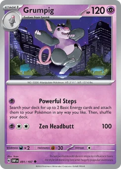 Grumpig Pokemon card from Obsidian Flames, card number 91