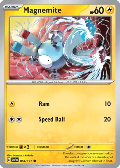 Magnemite Pokemon card from Obsidian Flames, card number 63