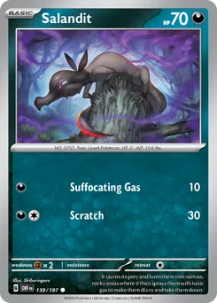 Salandit Pokemon card from Obsidian Flames, card number 139