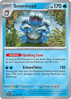Seismitoad Pokemon card from Obsidian Flames, card number 52