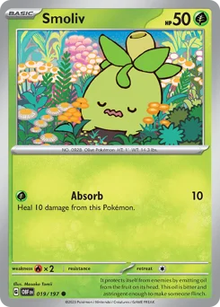 Smoliv Pokemon card from Obsidian Flames, card number 19