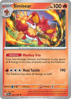 Simisear Pokemon card from Paradox Rift, card number 21