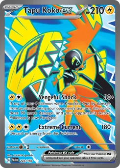 Tapu Koko ex Pokemon card from Paradox Rift, card number 222