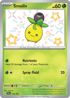 Smoliv Pokemon card from Paldean Fates, card number 102