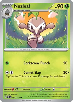 Nuzleaf Pokemon card from Temporal Forces, card number 4