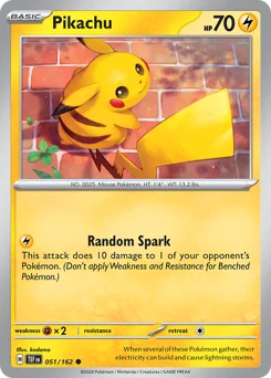Pikachu Pokemon card from Temporal Forces, card number 51