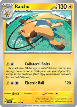 Raichu Pokemon card from Temporal Forces, card number 52