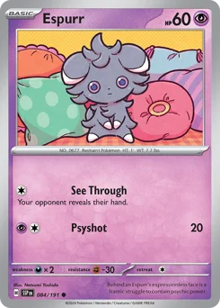 Espurr Pokemon card from Surging Sparks, card number 84