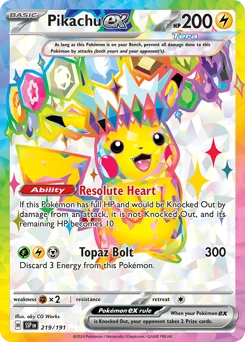 Pikachu ex Pokemon card from Surging Sparks, card number 219