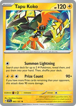 Tapu Koko Pokemon card from Surging Sparks, card number 65