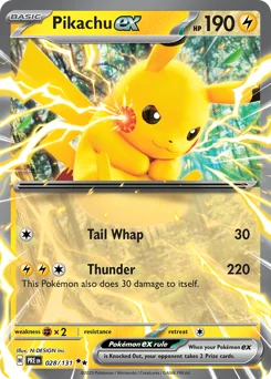 Pikachu ex Pokemon card from Prismatic Evolutions, card number 28