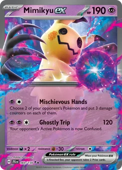 Mimikyu ex Pokemon card from Journey Together, card number 69