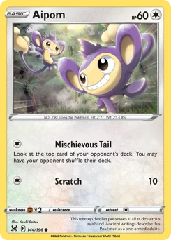 Aipom Pokemon card from Lost Origin, card number 144
