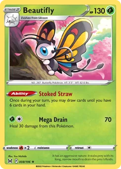 Beautifly Pokemon card from Lost Origin, card number 8