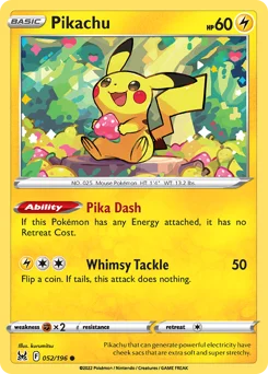 Pikachu Pokemon card from Lost Origin, card number 52