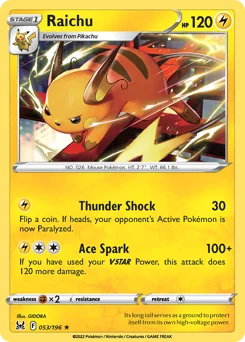 Raichu Pokemon card from Lost Origin, card number 53