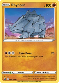 Rhyhorn Pokemon card from Lost Origin, card number 89
