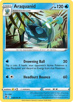 Araquanid Pokemon card from Silver Tempest, card number 48