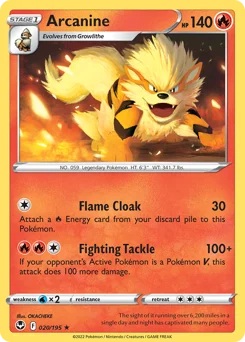 Arcanine Pokemon card from Silver Tempest, card number 20