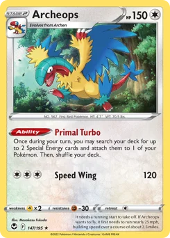 Archeops Pokemon card from Silver Tempest, card number 147