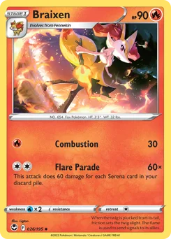 Braixen Pokemon card from Silver Tempest, card number 26