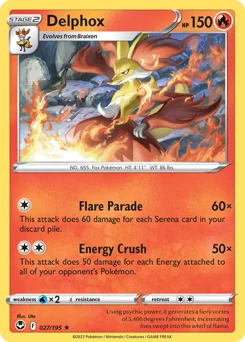 Delphox Pokemon card from Silver Tempest, card number 27