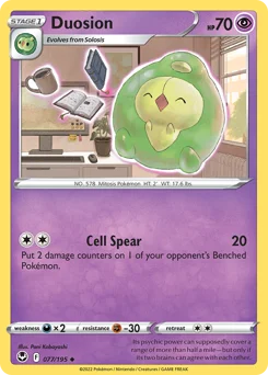 Duosion Pokemon card from Silver Tempest, card number 77