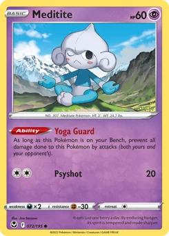 Meditite Pokemon card from Silver Tempest, card number 72