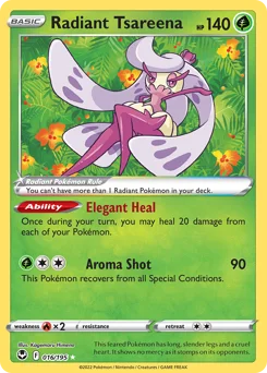 Radiant Tsareena Pokemon card from Silver Tempest, card number 16