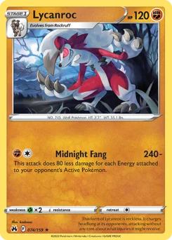 Lycanroc Pokemon card from Crown Zenith, card number 74