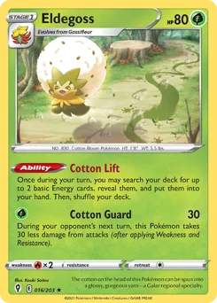 Eldegoss Pokemon card from Evolving Skies, card number 16