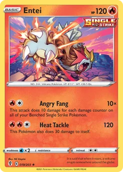 Entei Pokemon card from Evolving Skies, card number 19